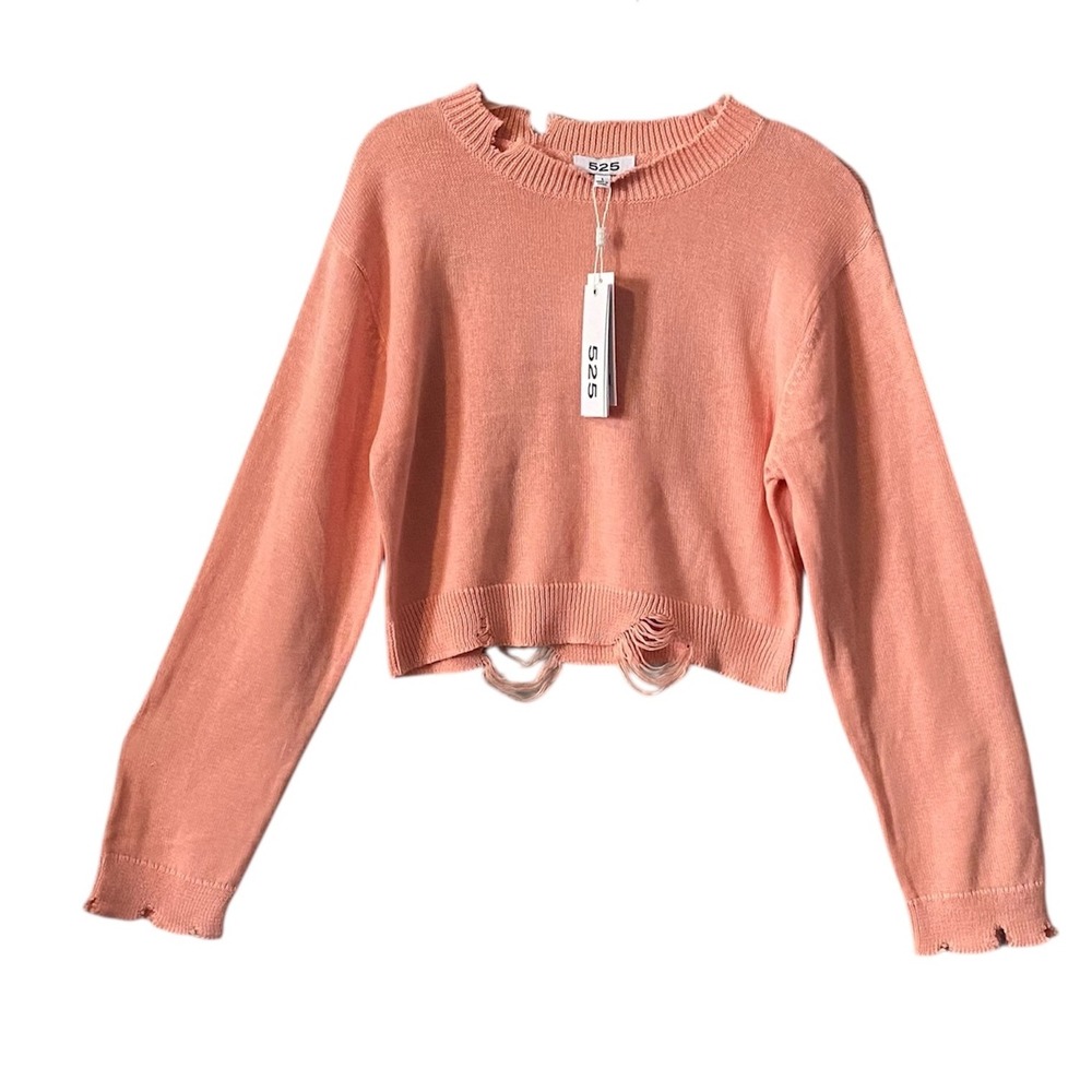 Revolve 525 America‎ Distressed Cutout Cropped Knit Sweater Coral Pink Size Lg